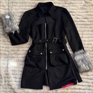 SHEIN Black Trench Coat with Faux Fur Cuffs